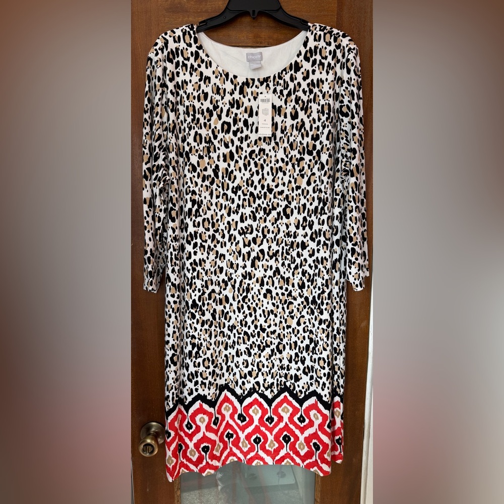 Chico’s Women’s Plus Animal Print Sheath Shift Ikat Design 3/4 Sleeve Dress